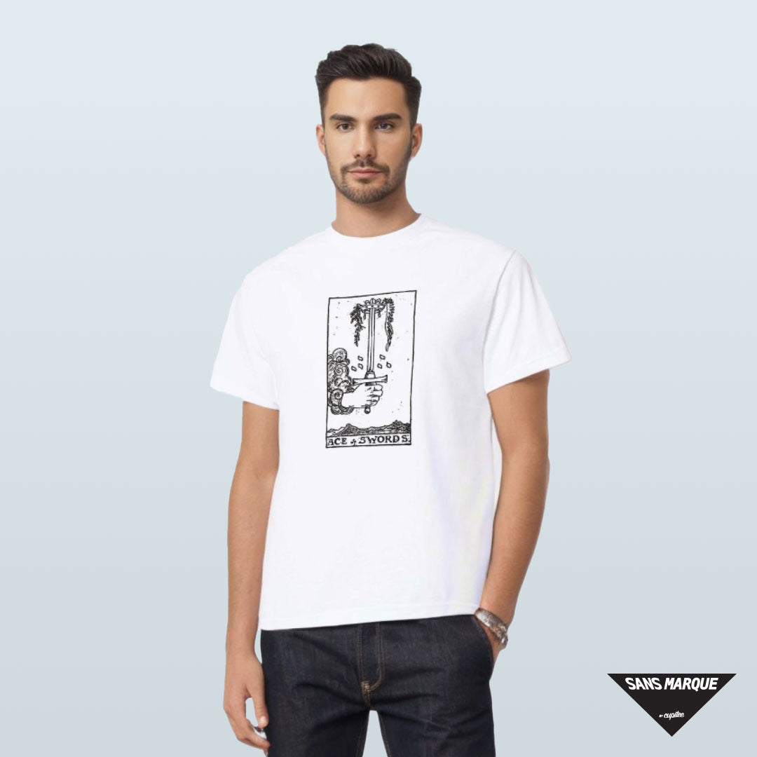 Model wearing ACE OF SWORDS Tarot White T-Shirt