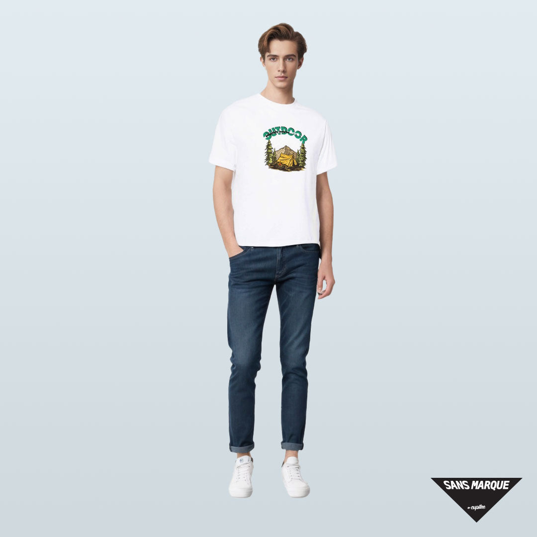 Model wearing DELIGHTFULLY CAMPFIRE Expedition White T-Shirt