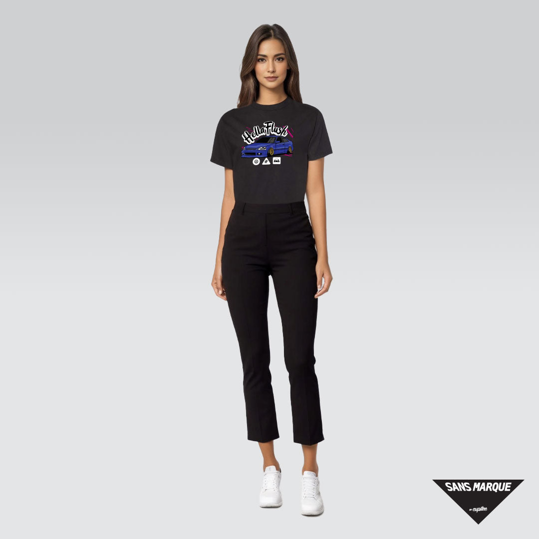 Model wearing Hellaflush Culture EM1 Car Tuner Blue Black T-Shirt