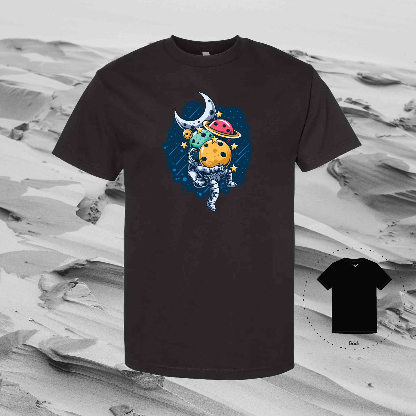 STACKING PLANETS with Strolling Astronaut T-Shirt (Black)