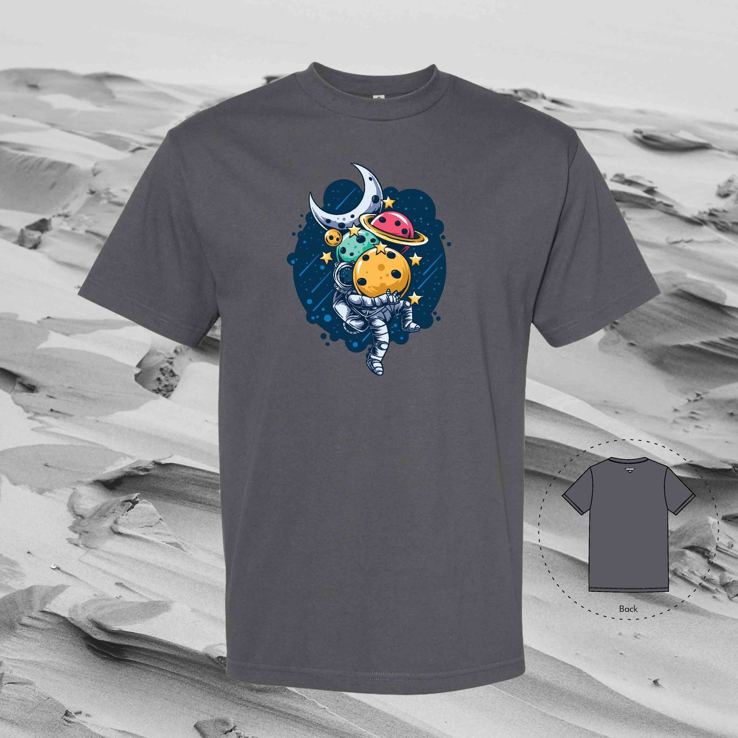 STACKING PLANETS with Strolling Astronaut T-Shirt (Charcoal)