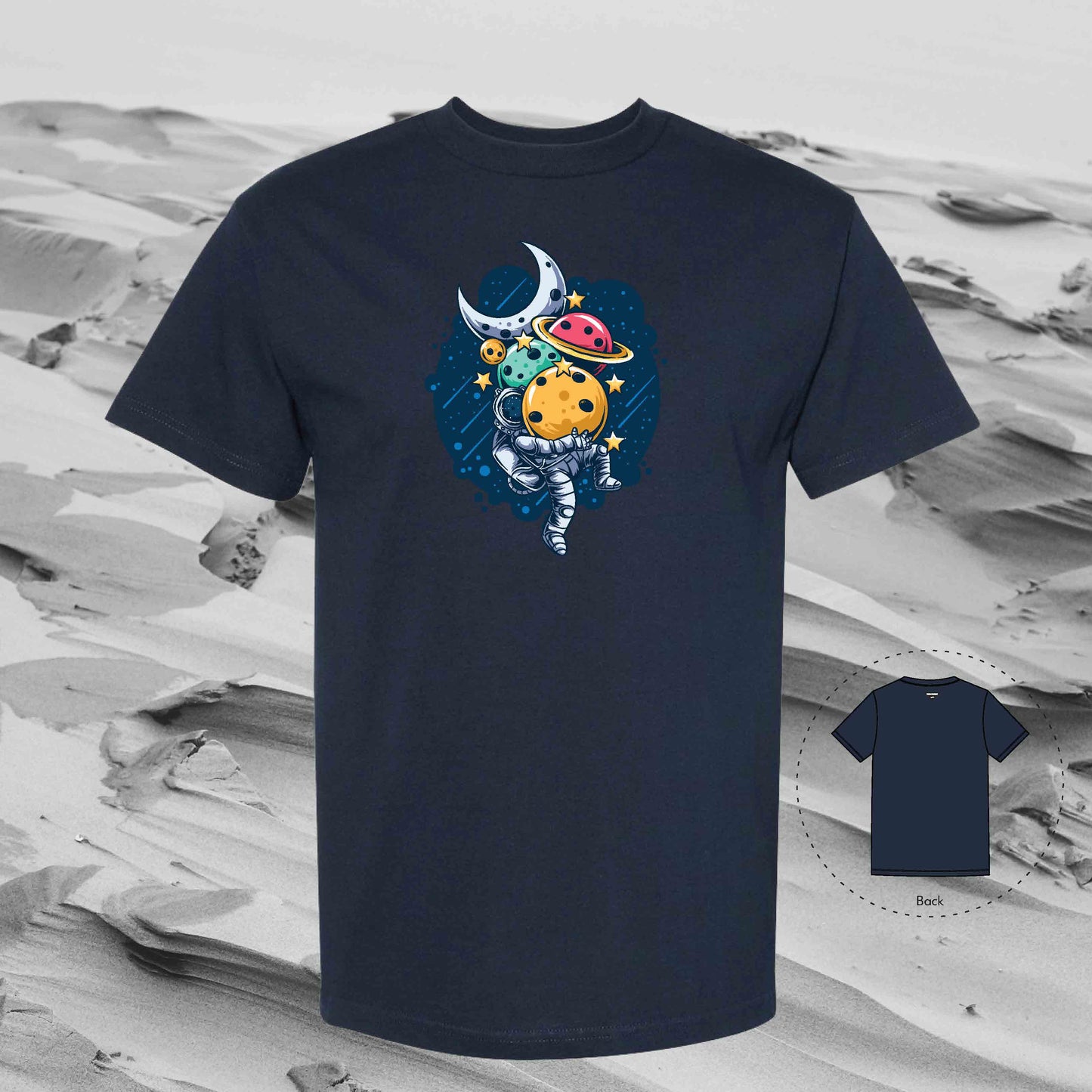 STACKING PLANETS with Strolling Astronaut T-Shirt (True Navy)