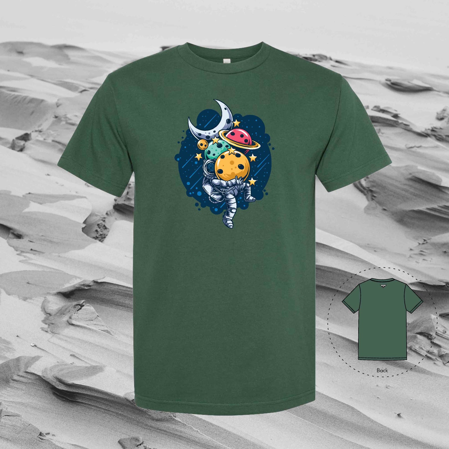 STACKING PLANETS with Strolling Astronaut T-Shirt (Forest Green)