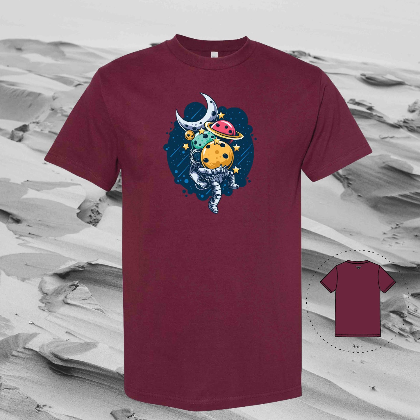 STACKING PLANETS with Strolling Astronaut T-Shirt (Burgundy)
