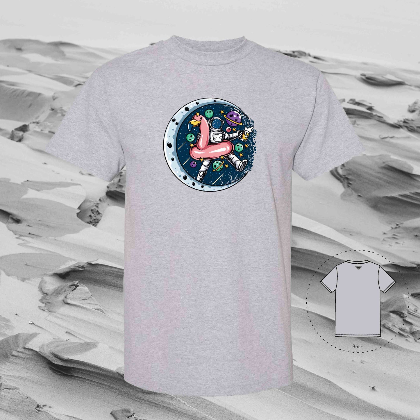 FLAMINGO AND BEER with Strolling Astronaut T-Shirt (Grey)