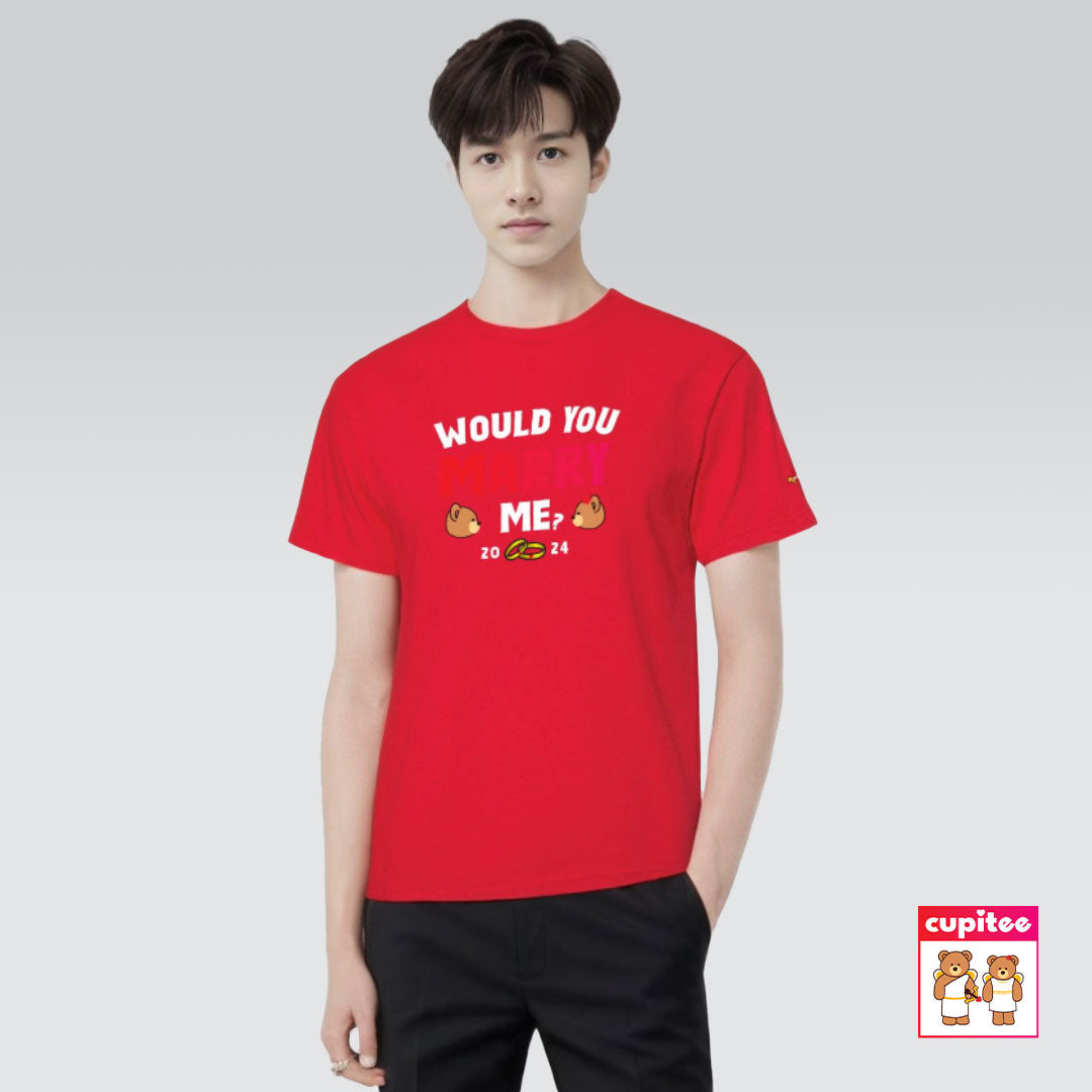 Model wearing Would You MARRY Me? (Discreet ver.) Cupid T-Shirt (Red)