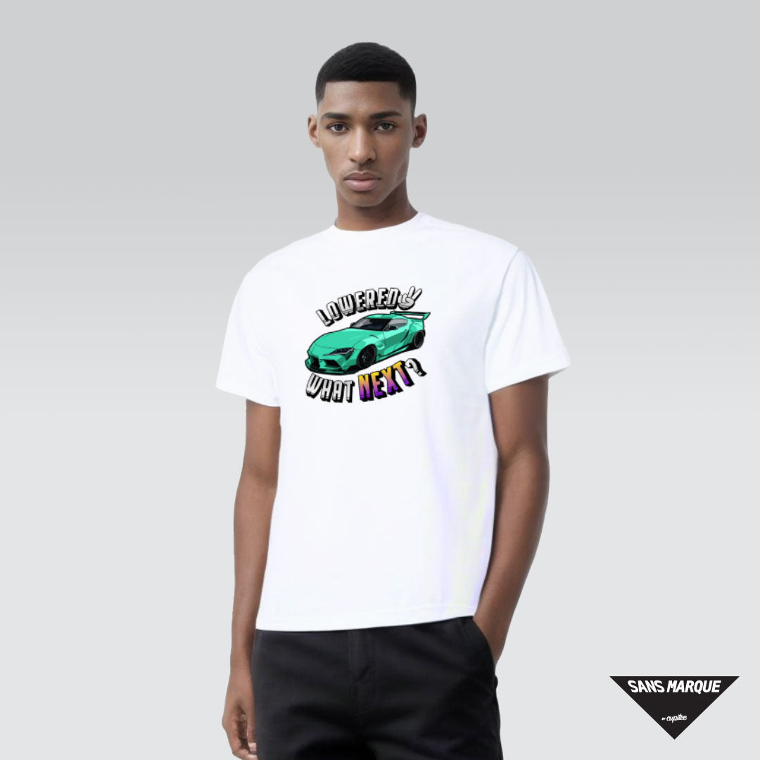 Male Model wearing Lowered Now, What Next? MK5 Teal White T-Shirt