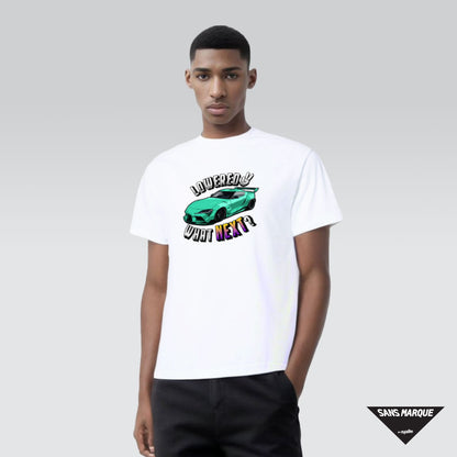 Male Model wearing Lowered Now, What Next? MK5 Teal White T-Shirt