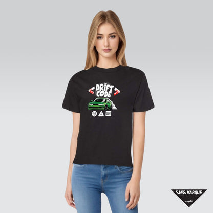 Female Model wearing The Drift Code S13 Green Black T-Shirt