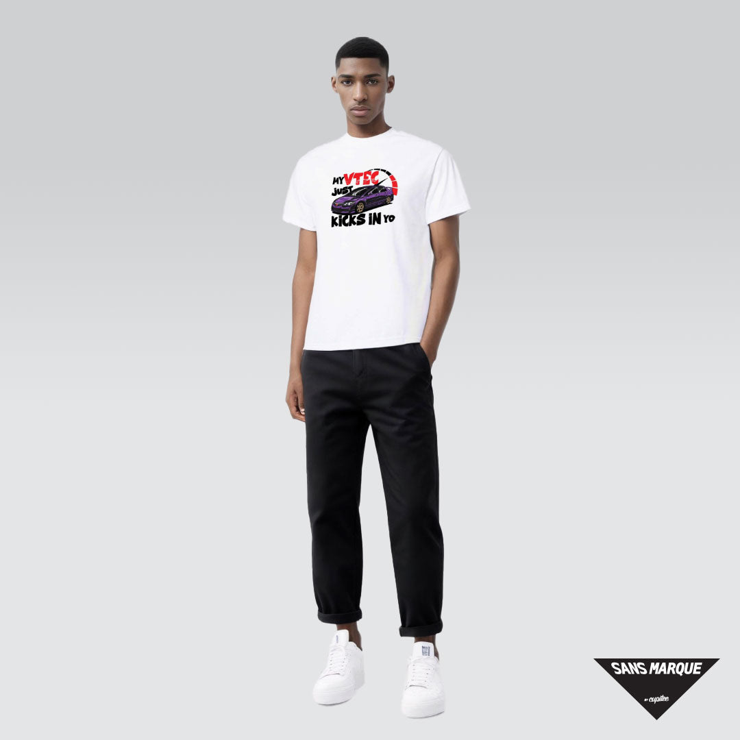 Male Model wearing My VTEC Just Kicks In Yo Civic FD2 Purple White T-Shirt