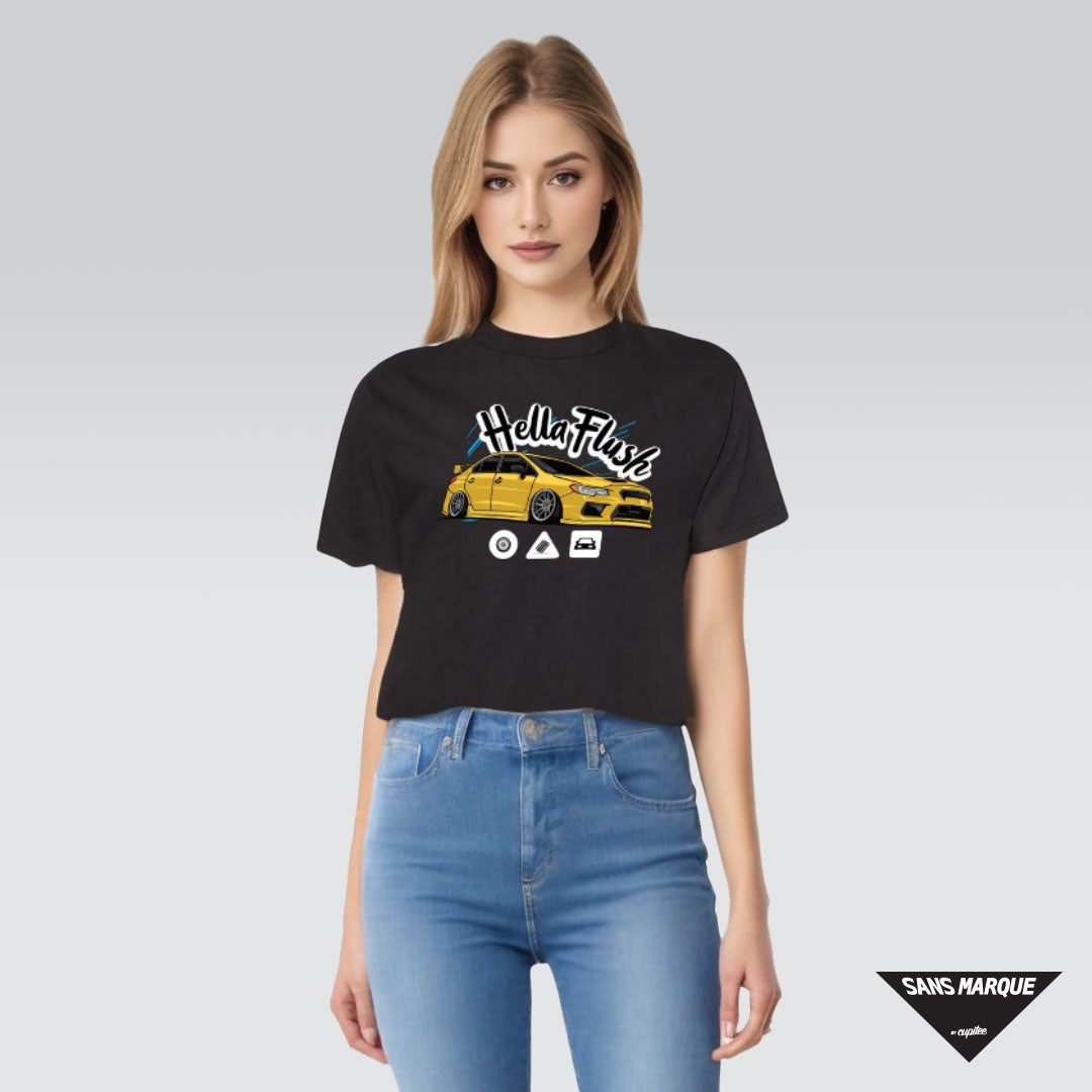 Model wearing Hellaflush Culture VA2 Car Tuner Gold Black T-Shirt