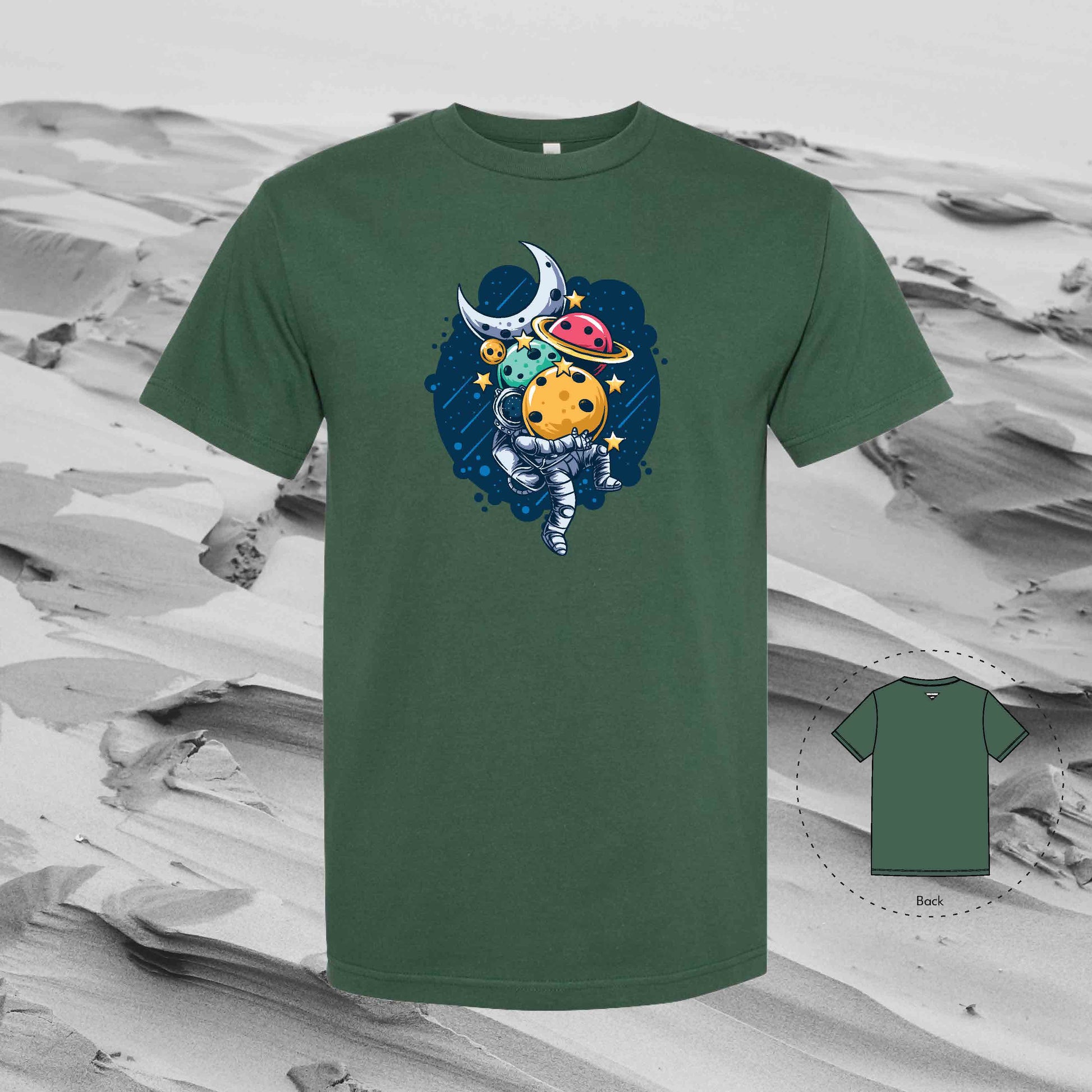 STACKING PLANETS with Strolling Astronaut T-Shirt (Forest Green)